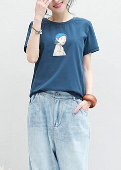 Loose blue o neck cotton clothes For Women Neckline Cartoon print blouses summer - SooLinen