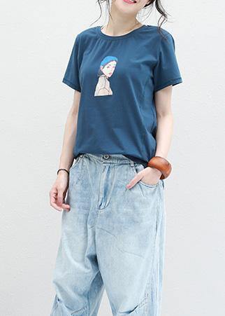 Loose blue o neck cotton clothes For Women Neckline Cartoon print blouses summer - SooLinen