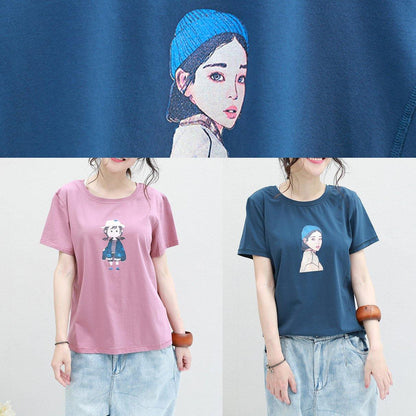 Loose blue o neck cotton clothes For Women Neckline Cartoon print blouses summer - SooLinen