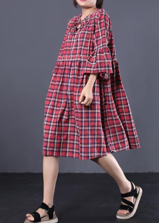 Loose blue plaid cotton tunic dress v neck A Line summer Dress - SooLinen