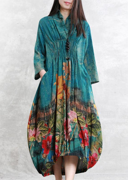 Loose blue print clothes For Women Cinched asymmetric Dresses - SooLinen