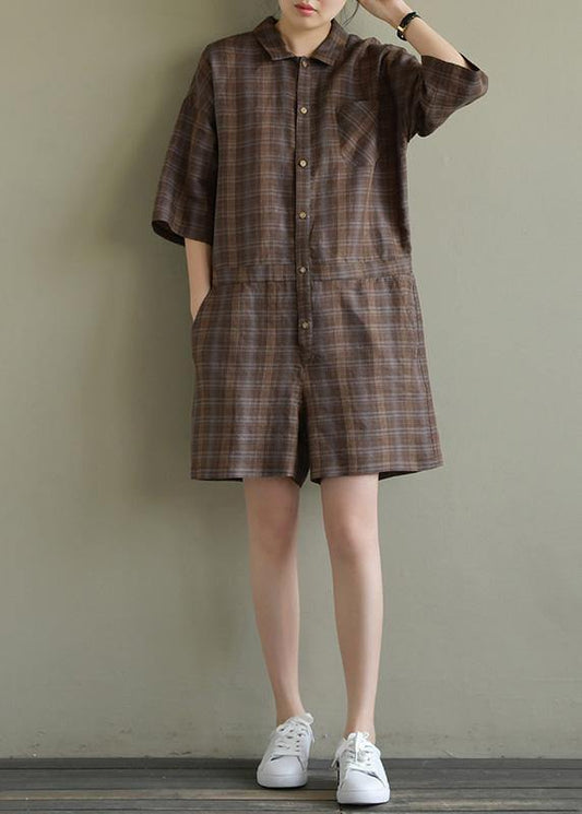 Loose brown Plaid linen lapel jumpsuit pants short summer - SooLinen