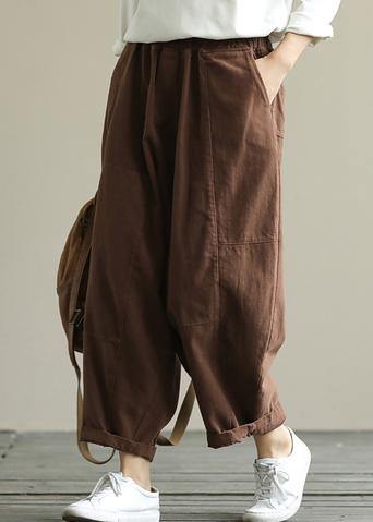 Loose brown plus size elastic waist harem pants - SooLinen