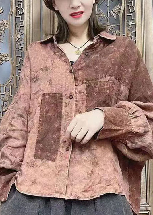 Lockeres Schokoladenbraunes Peter Pan Kragen Knopf Hemd Tops Fledermausärmel