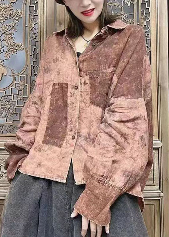 Lockeres Schokoladenbraunes Peter Pan Kragen Knopf Hemd Tops Fledermausärmel