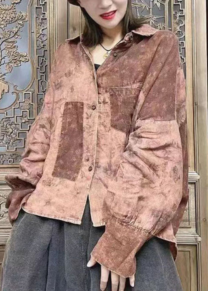 Lockeres Schokoladenbraunes Peter Pan Kragen Knopf Hemd Tops Fledermausärmel