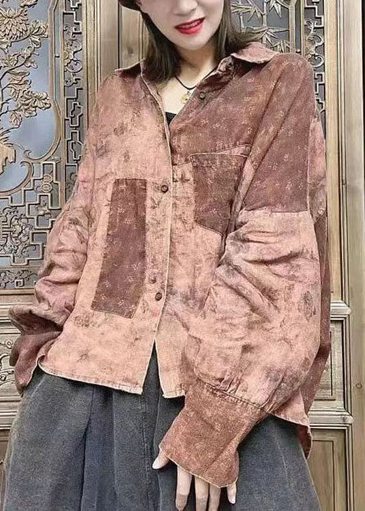 Lockeres Schokoladenbraunes Peter Pan Kragen Knopf Hemd Tops Fledermausärmel