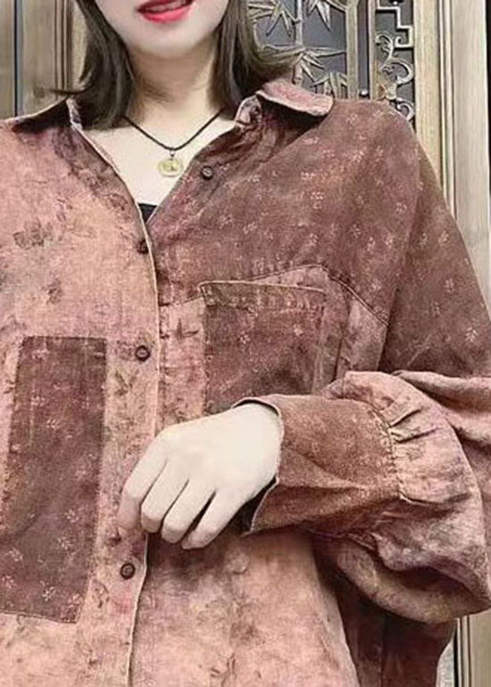 Lockeres Schokoladenbraunes Peter Pan Kragen Knopf Hemd Tops Fledermausärmel