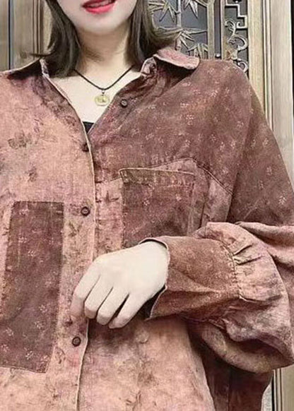 Lockeres Schokoladenbraunes Peter Pan Kragen Knopf Hemd Tops Fledermausärmel