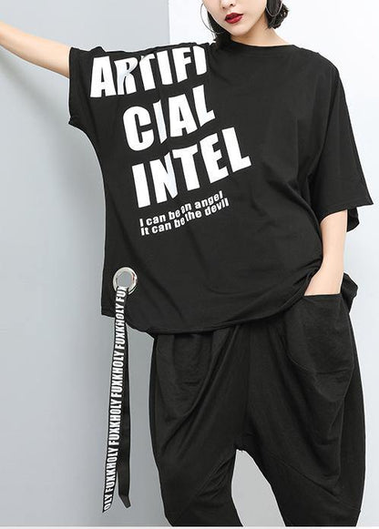 Loose cotton Print Women clothes black stylish Pullover Closure Blouse - SooLinen