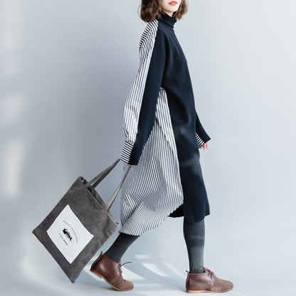 Lose Baumwollroben, weiche Umgebung, hoher Halsausschnitt, Fledermausärmel, schwarze Kunstkleider