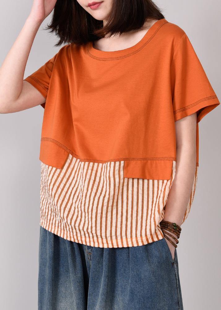 Loose cotton Tunic boutique Spliced Striped Cotton Round Neck Blouse - SooLinen