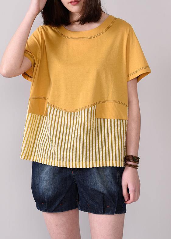 Loose cotton Tunic boutique Spliced Striped Cotton Round Neck Blouse - SooLinen