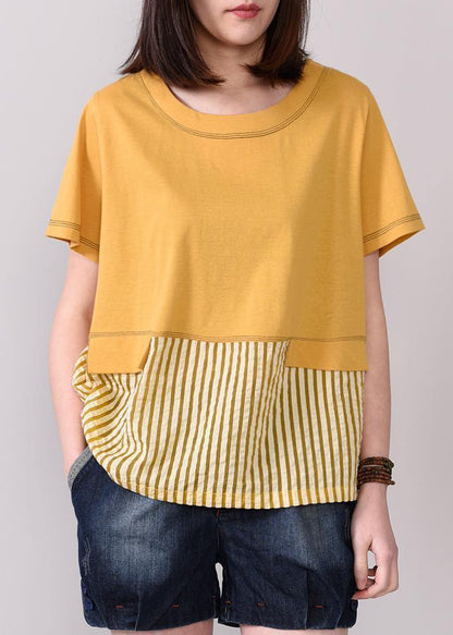 Loose cotton Tunic boutique Spliced Striped Cotton Round Neck Blouse - SooLinen