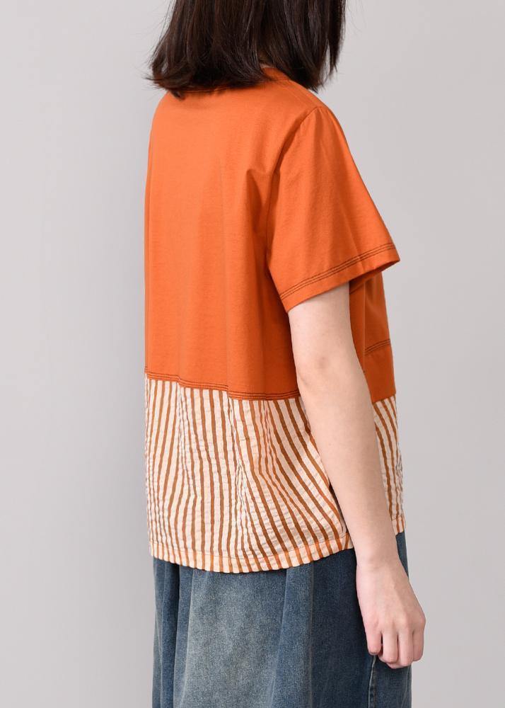 Loose cotton Tunic boutique Spliced Striped Cotton Round Neck Blouse - SooLinen