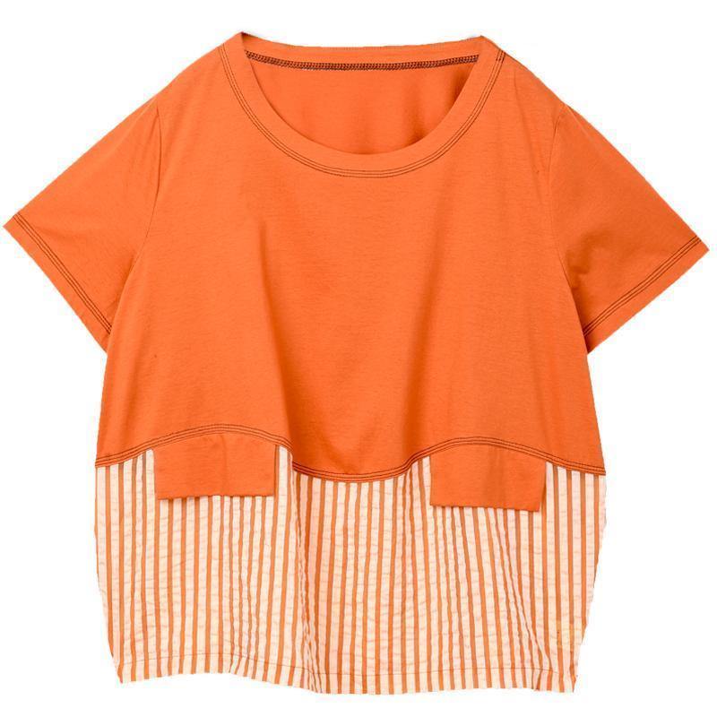 Loose cotton Tunic boutique Spliced Striped Cotton Round Neck Blouse - SooLinen