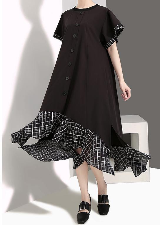 Loose cotton quilting clothes plus size Plaid Splided Loose Flare Sleeve Dress - SooLinen