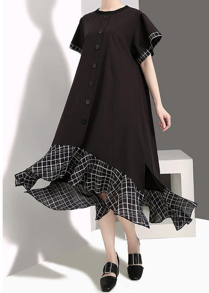 Loose cotton quilting clothes plus size Plaid Splided Loose Flare Sleeve Dress - SooLinen