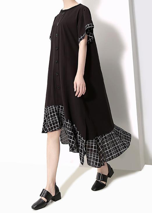 Loose cotton quilting clothes plus size Plaid Splided Loose Flare Sleeve Dress - SooLinen