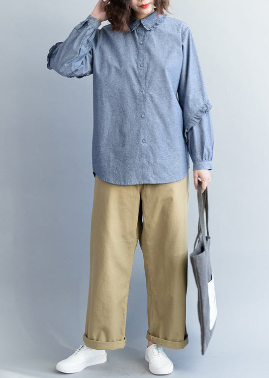 Lose Baumwolloberteile für Damen in Übergröße, Umlegekragen, Ärmel, hellblau, kurze Hemden