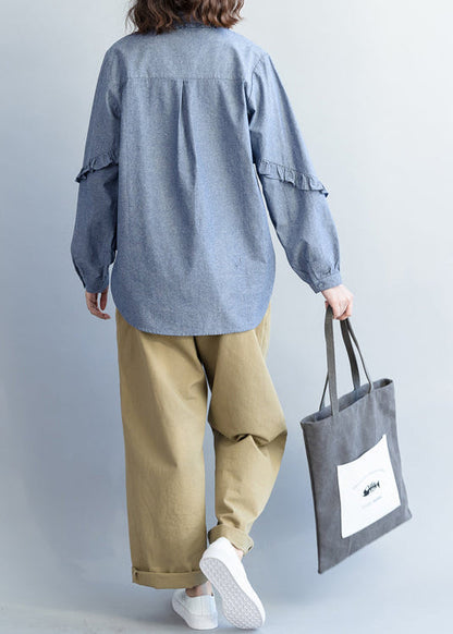 Lose Baumwolloberteile für Damen in Übergröße, Umlegekragen, Ärmel, hellblau, kurze Hemden