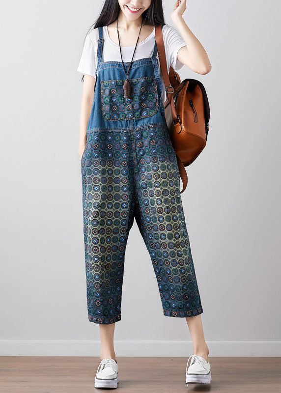 Lose dunkelblau Print Denim Jumpsuit Frühling