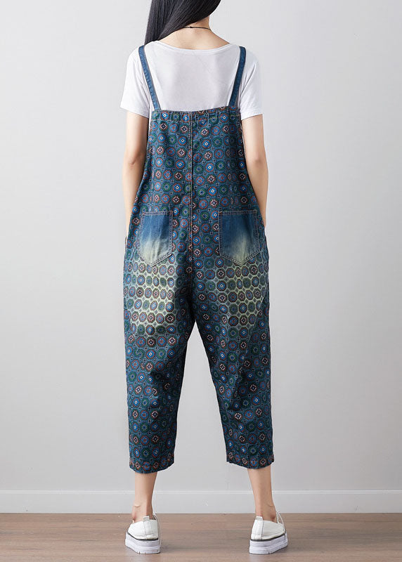 Lose dunkelblau Print Denim Jumpsuit Frühling