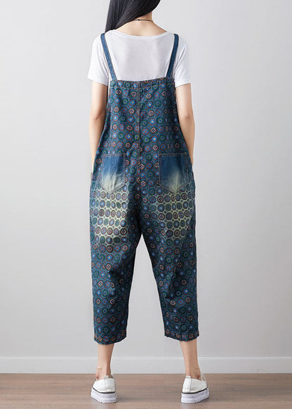Lose dunkelblau Print Denim Jumpsuit Frühling