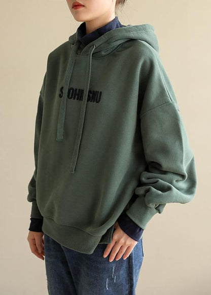 Loose embroidery cotton hooded shirts women Tunic Tops green blouse - SooLinen