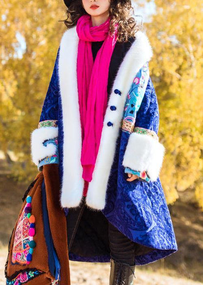 Loose faux fur collar fine embroidery outfit blue Dresses outwears - SooLinen