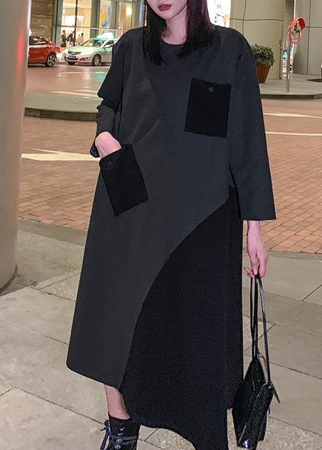 Loose gray cotton dresses patchwork Maxi winter Dress - SooLinen