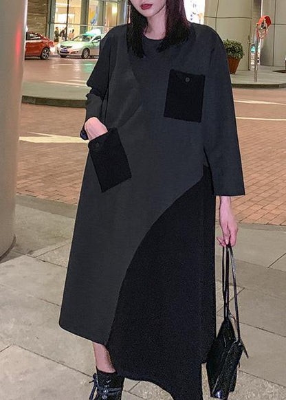 Loose gray cotton dresses patchwork Maxi winter Dress - SooLinen