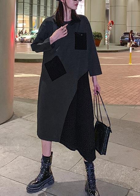 Loose gray cotton dresses patchwork Maxi winter Dress - SooLinen