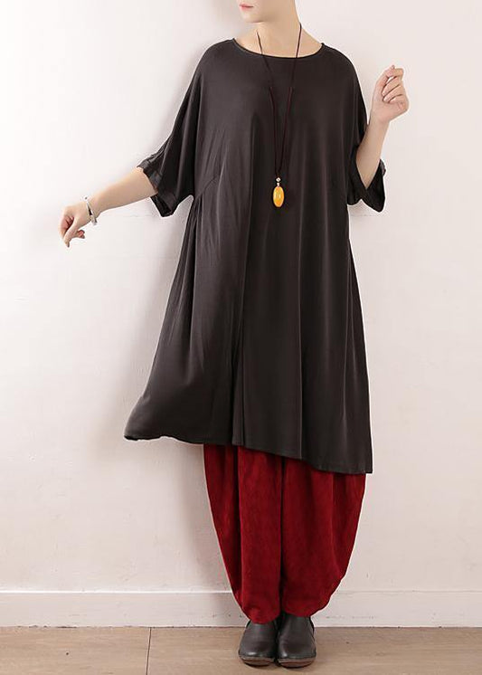Loose gray silk Tunics 2019 o neck large hem A Line Summer Dresses - SooLinen