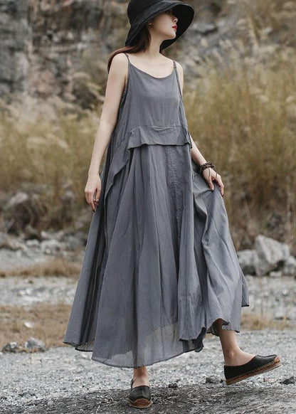 Loose gray sleeveless linen outfit loose waist Maxi summer Dress - SooLinen