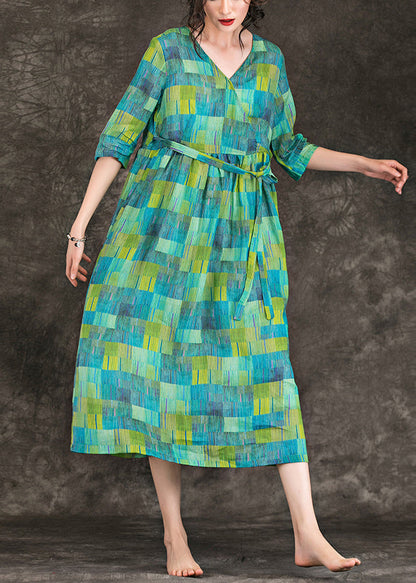 Lockere grüne Leinenkleidung Vintage Stoffe V-Ausschnitt Krawatte Taille Leinen Roben Sommerkleid