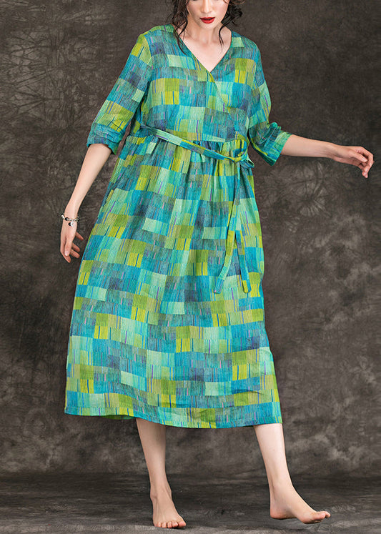 Lockere grüne Leinenkleidung Vintage Stoffe V-Ausschnitt Krawatte Taille Leinen Roben Sommerkleid
