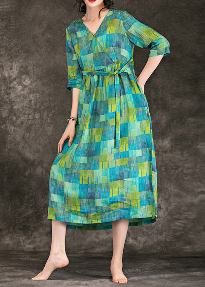 Lockere grüne Leinenkleidung Vintage Stoffe V-Ausschnitt Krawatte Taille Leinen Roben Sommerkleid