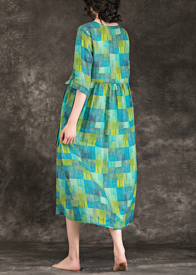 Lockere grüne Leinenkleidung Vintage Stoffe V-Ausschnitt Krawatte Taille Leinen Roben Sommerkleid