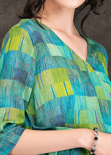 Lockere grüne Leinenkleidung Vintage Stoffe V-Ausschnitt Krawatte Taille Leinen Roben Sommerkleid