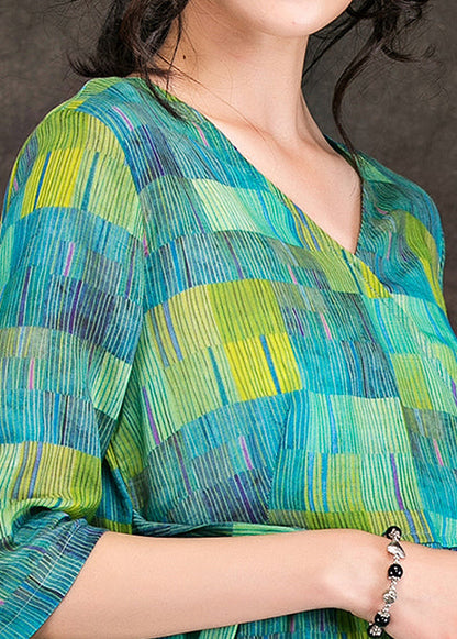 Lockere grüne Leinenkleidung Vintage Stoffe V-Ausschnitt Krawatte Taille Leinen Roben Sommerkleid