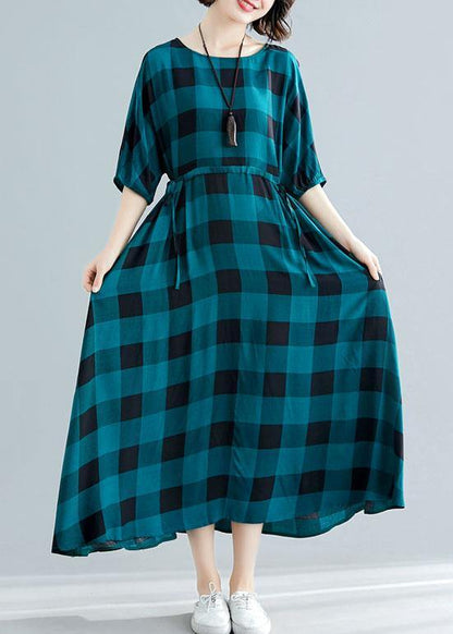 Loose green plaid cotton dress half sleeve Dresses summer Dresses - SooLinen