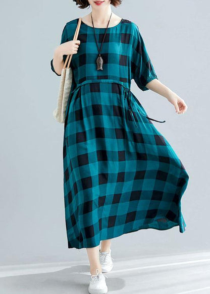Loose green plaid cotton dress half sleeve Dresses summer Dresses - SooLinen
