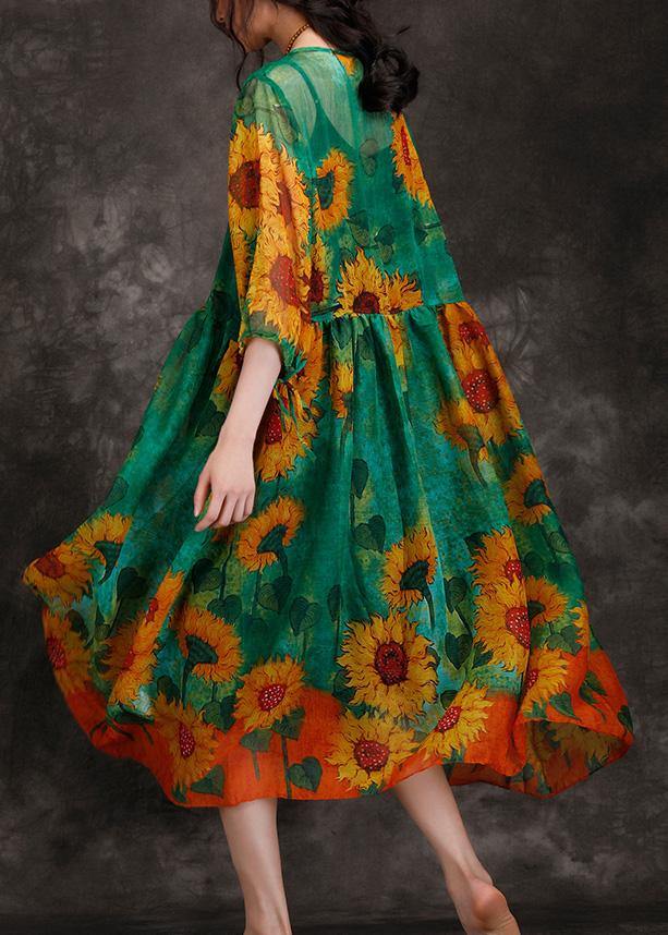 Loose green print clothes For Women o neck Cinched Maxi summer Dresses - SooLinen