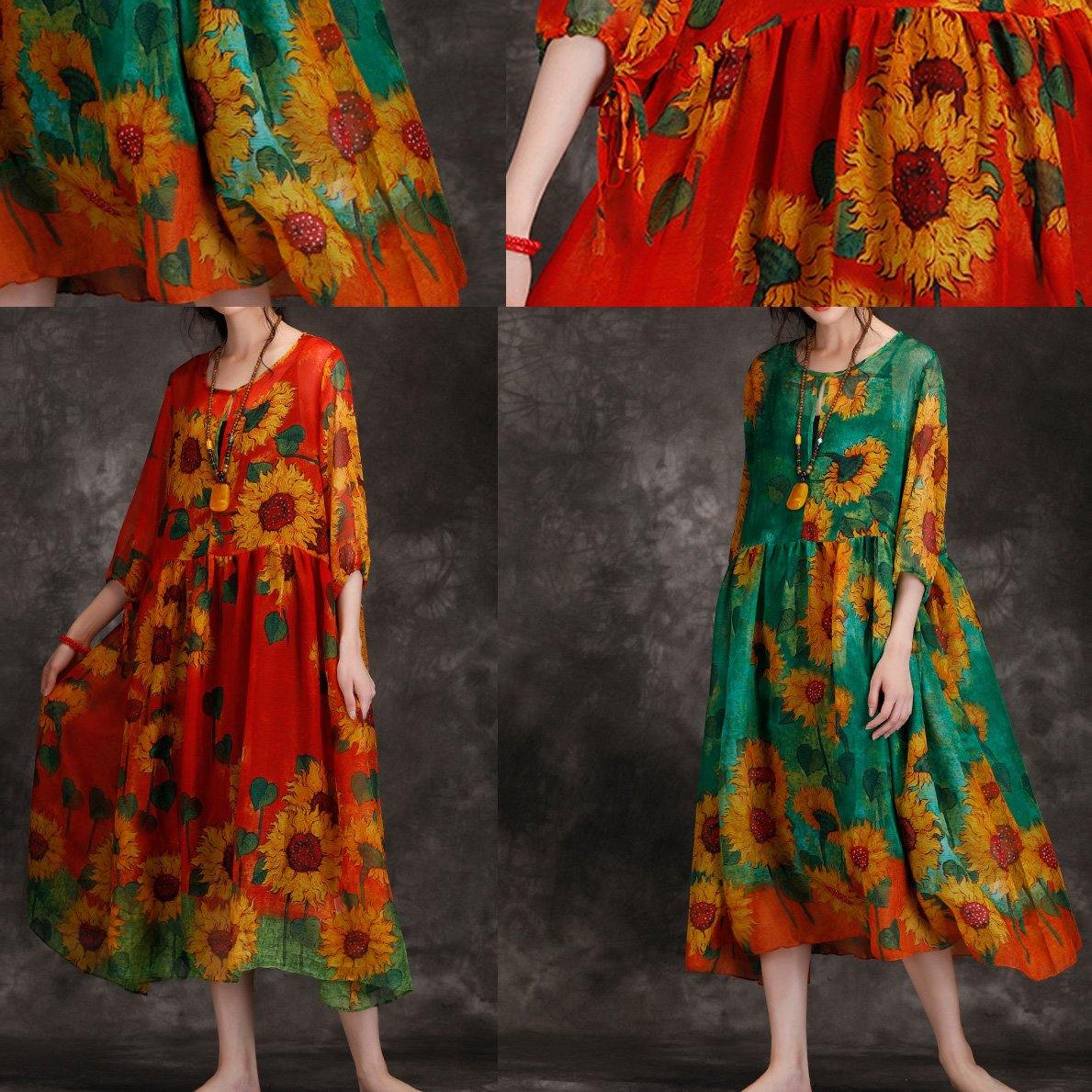 Loose green print clothes For Women o neck Cinched Maxi summer Dresses - SooLinen