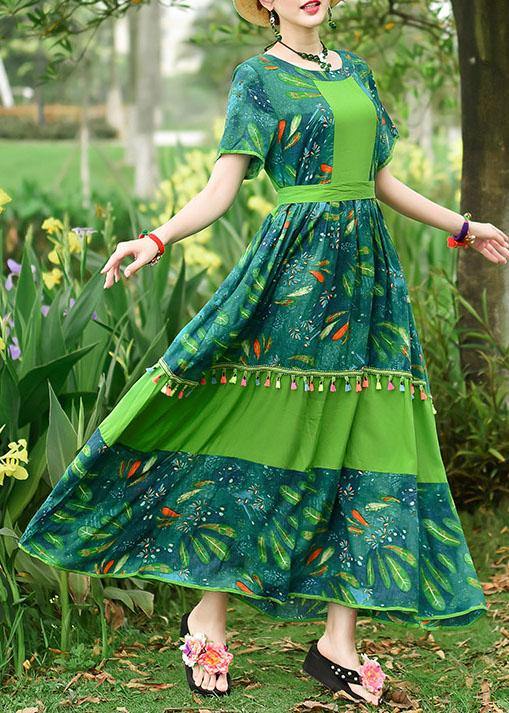 Loose green print cotton Tunics o neck patchwork tassel Art summer Dresses - SooLinen