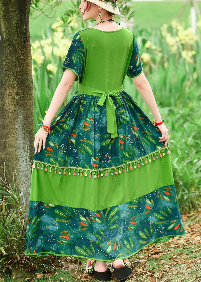 Loose green print cotton Tunics o neck patchwork tassel Art summer Dresses - SooLinen