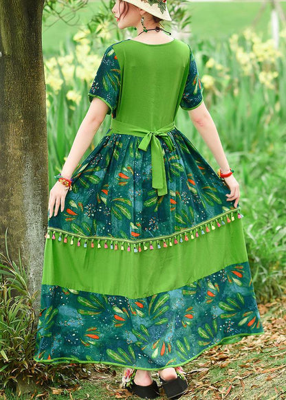 Loose green print cotton Tunics o neck patchwork tassel Art summer Dresses - SooLinen