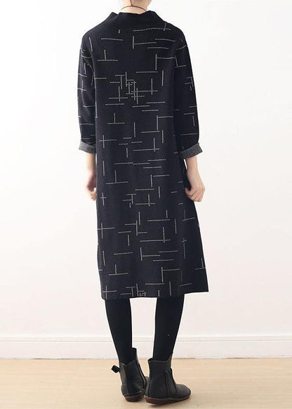 Loose high neck fallclothes linen black plaid Dress - SooLinen
