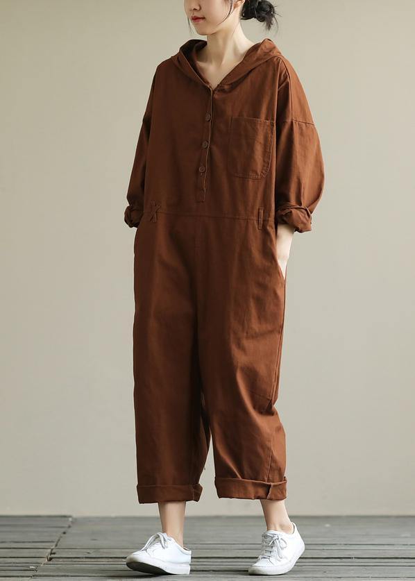 Loose hooded brown all-match long-sleeved ladies nine-point jumpsuit - SooLinen